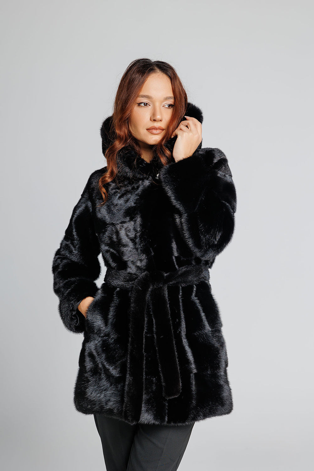 Natural Mink Fur Coat With Cobra Hood And Drawstring, Women, Silver Blue