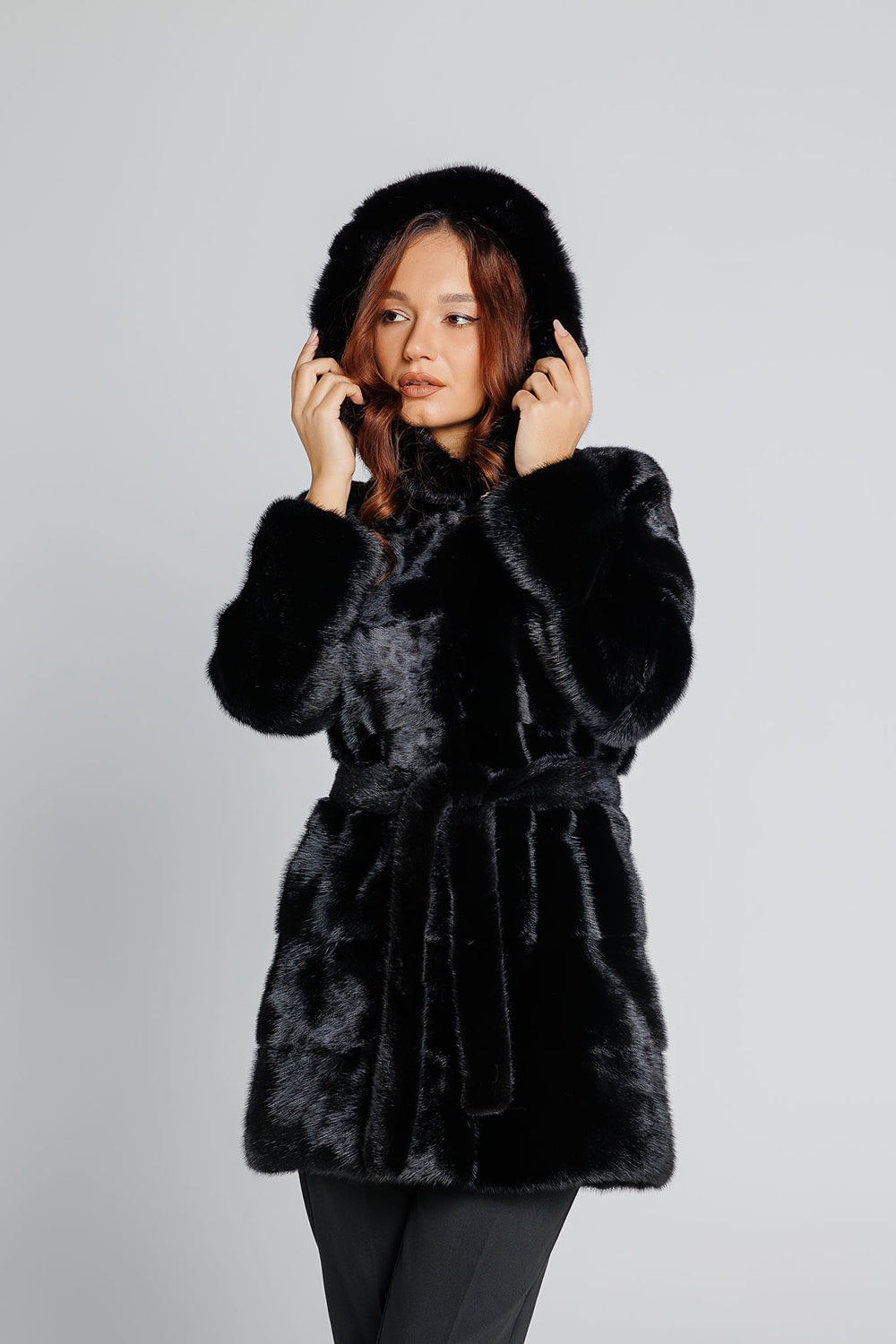 Natural Mink Fur Coat With Cobra Hood And Drawstring, Women, Silver Blue