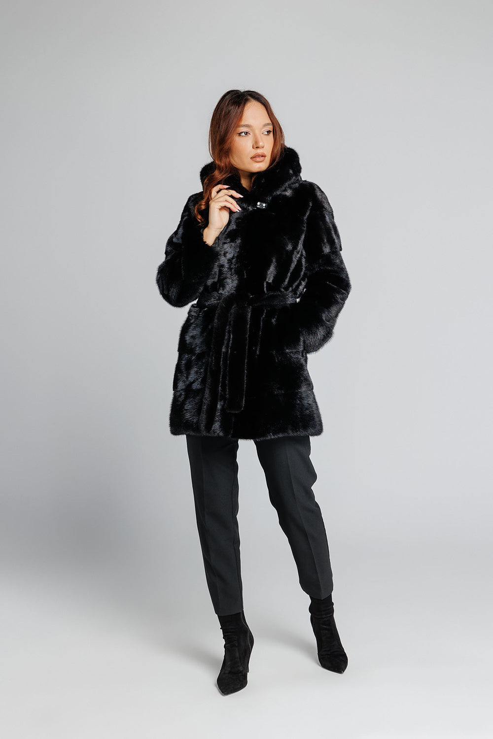 Natural Mink Fur Coat With Cobra Hood And Drawstring, Women, Silver Blue