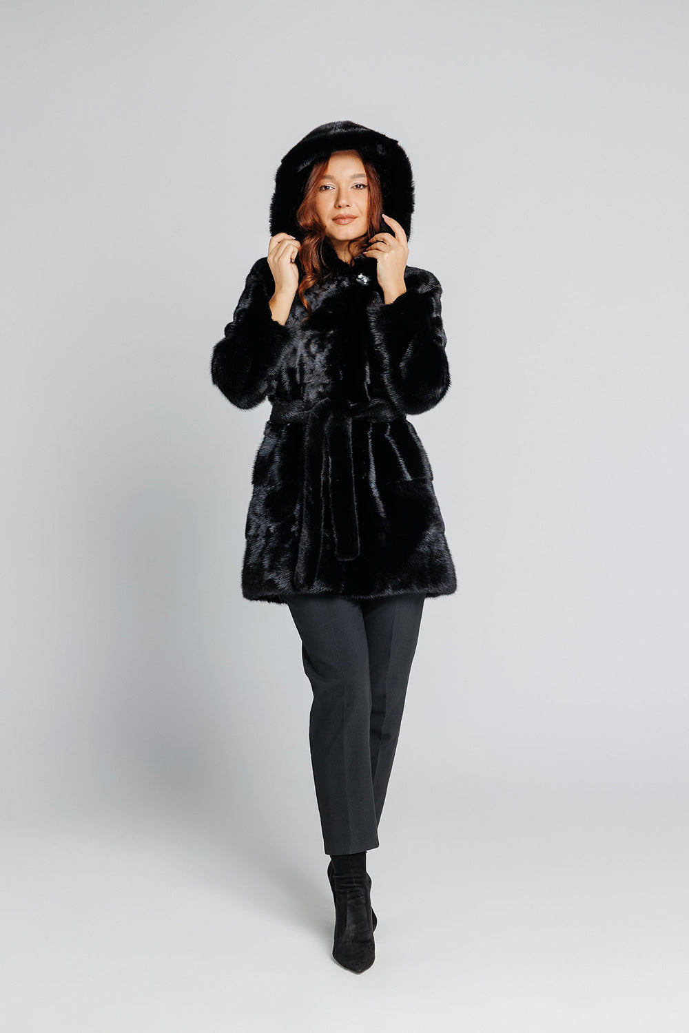 Natural Mink Fur Coat With Cobra Hood And Drawstring, Women, Silver Blue