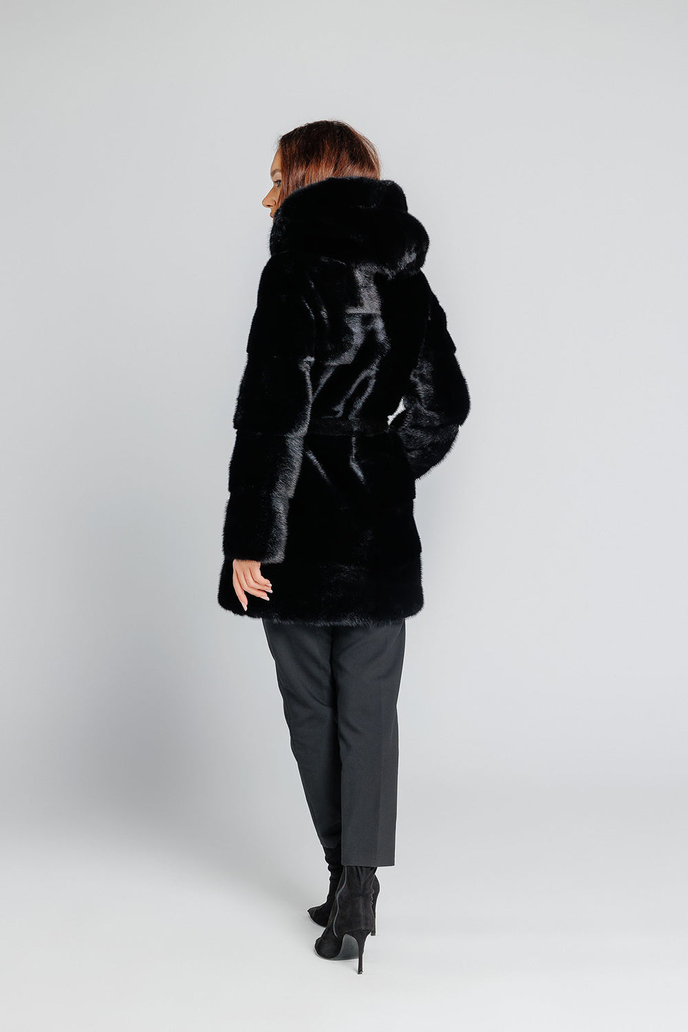 Natural Mink Fur Coat With Cobra Hood And Drawstring, Women, Silver Blue