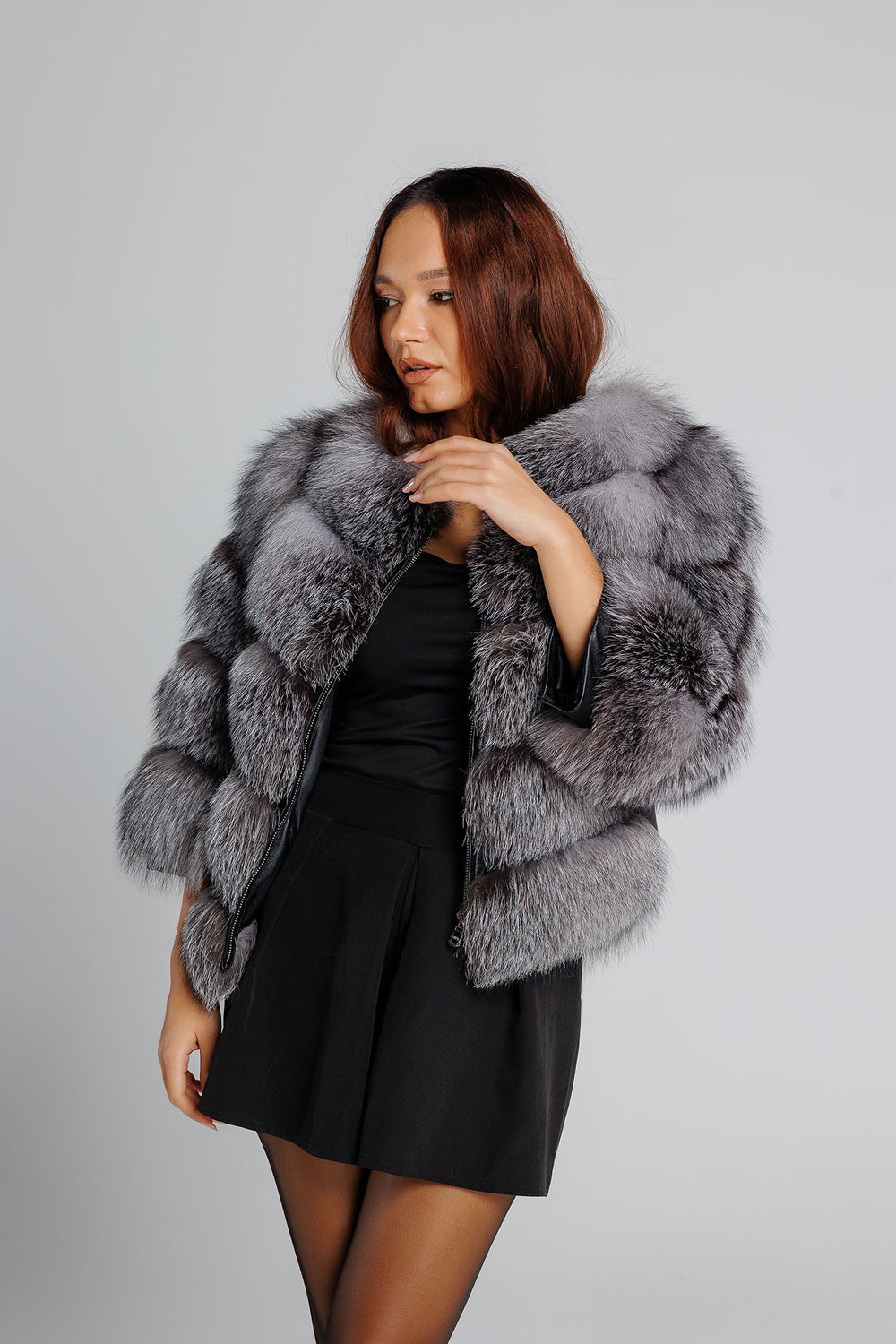 Women's Natural Silver Fox Fur Coat, Silver Grey 239