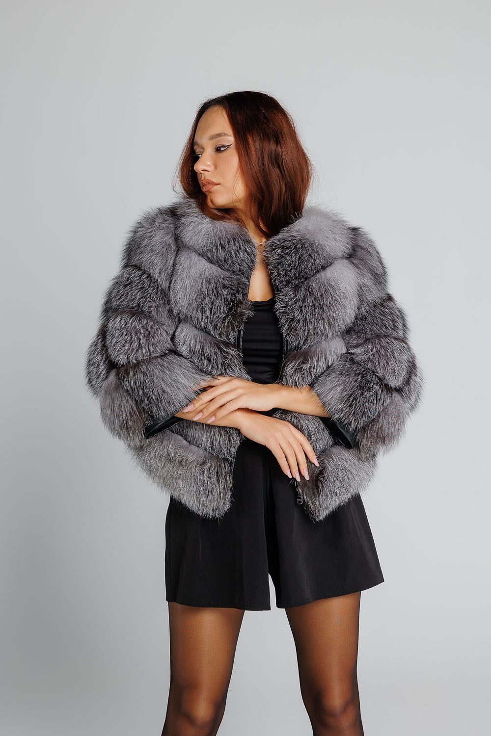 Women's Natural Silver Fox Fur Coat, Silver Grey 239