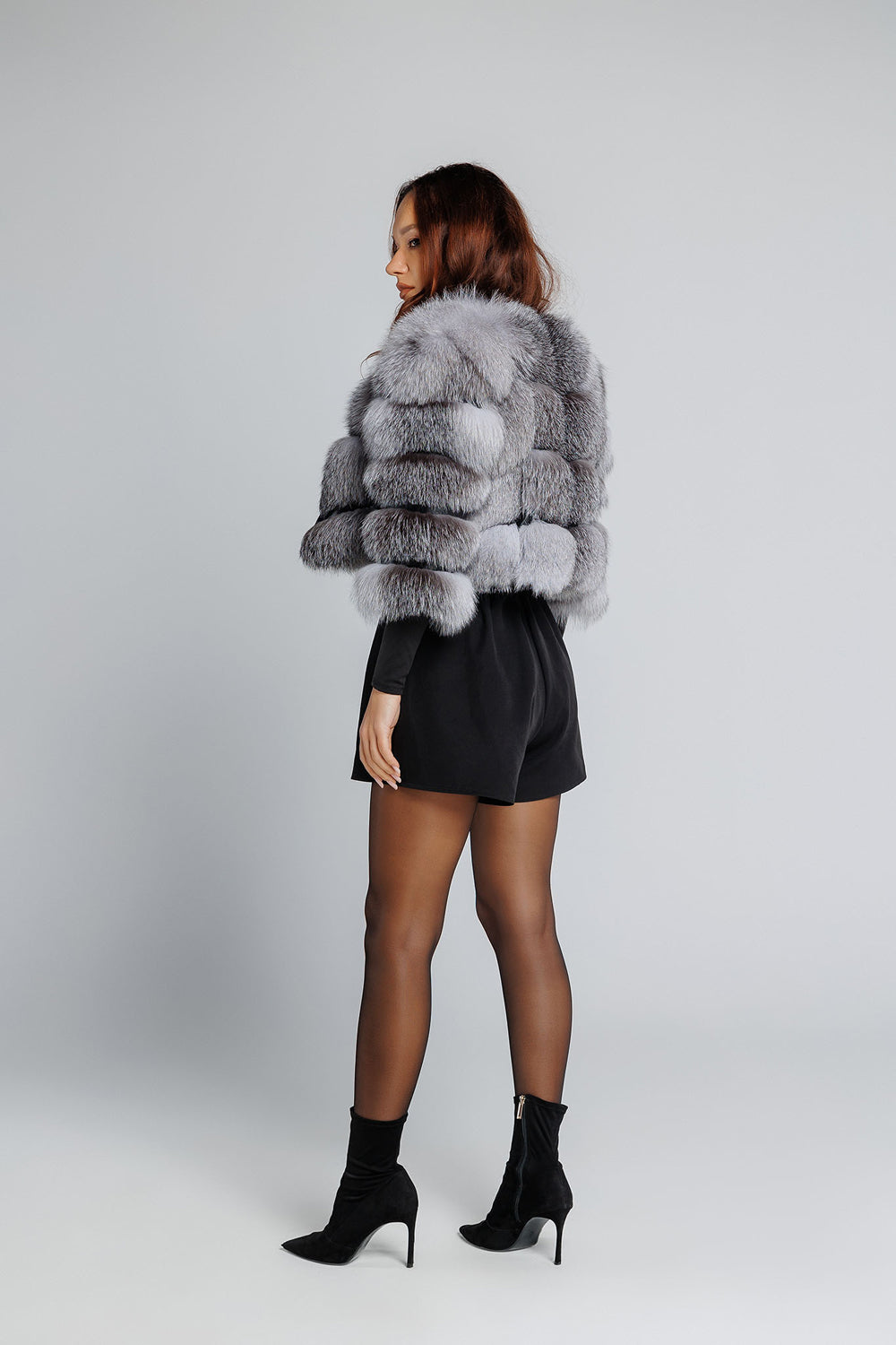 Natural Silver Fox Fur Coat, Short, Women, Grey Frost 353