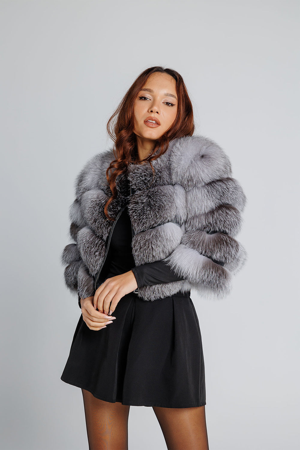 Natural Silver Fox Fur Coat, Short, Women, Grey Frost 353