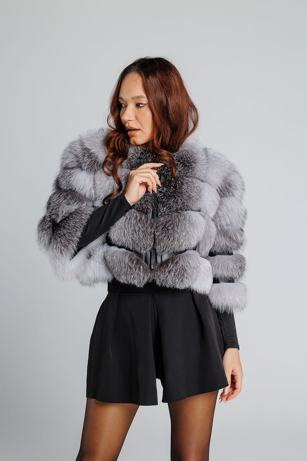 Natural Silver Fox Fur Coat, Short, Women, Grey Frost 353
