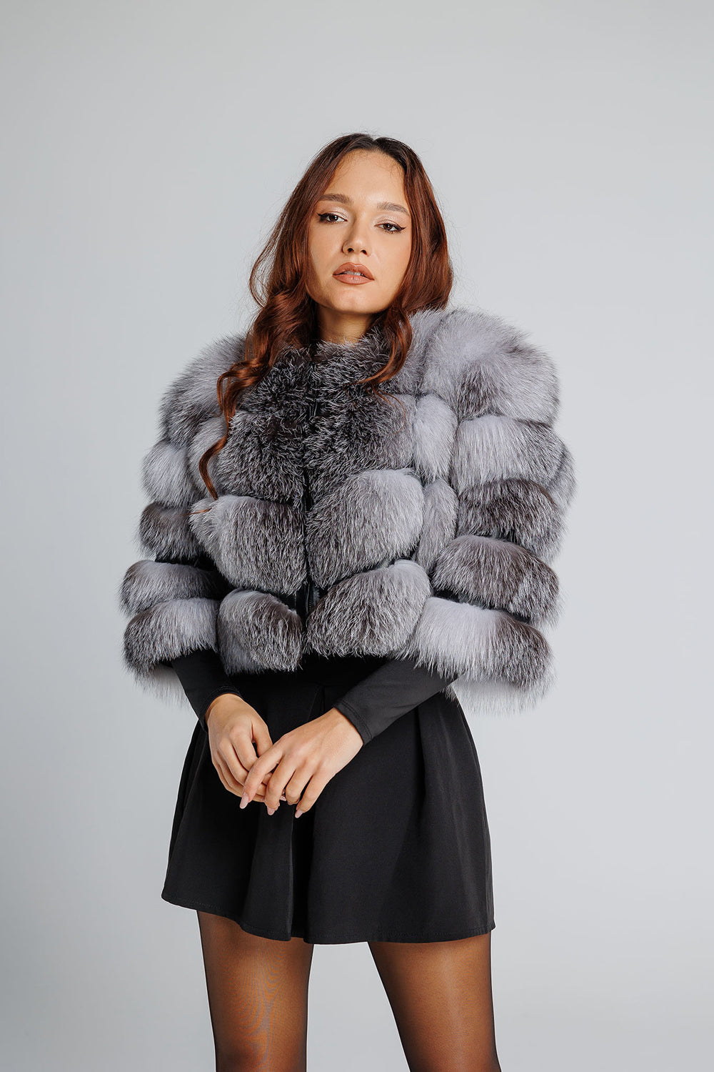 Natural Silver Fox Fur Coat, Short, Women, Grey Frost 353
