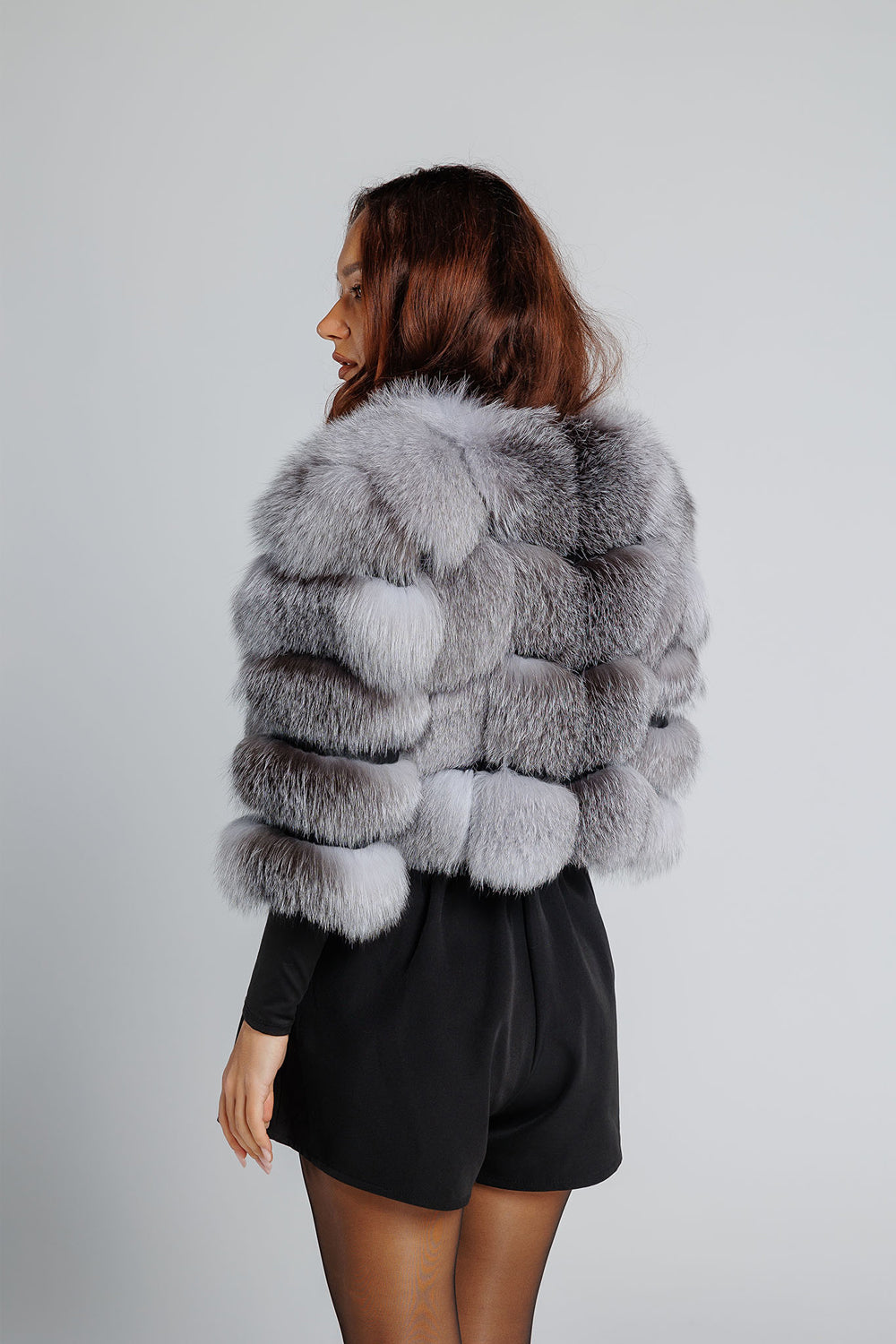 Natural Silver Fox Fur Coat, Short, Women, Grey Frost 353