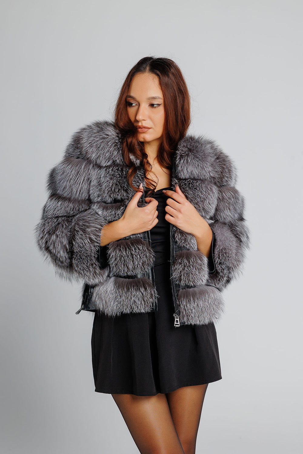 Haină din Blană Naturală de Vulpe Argintie, Transformabilă, Femei, Grey Frost 238