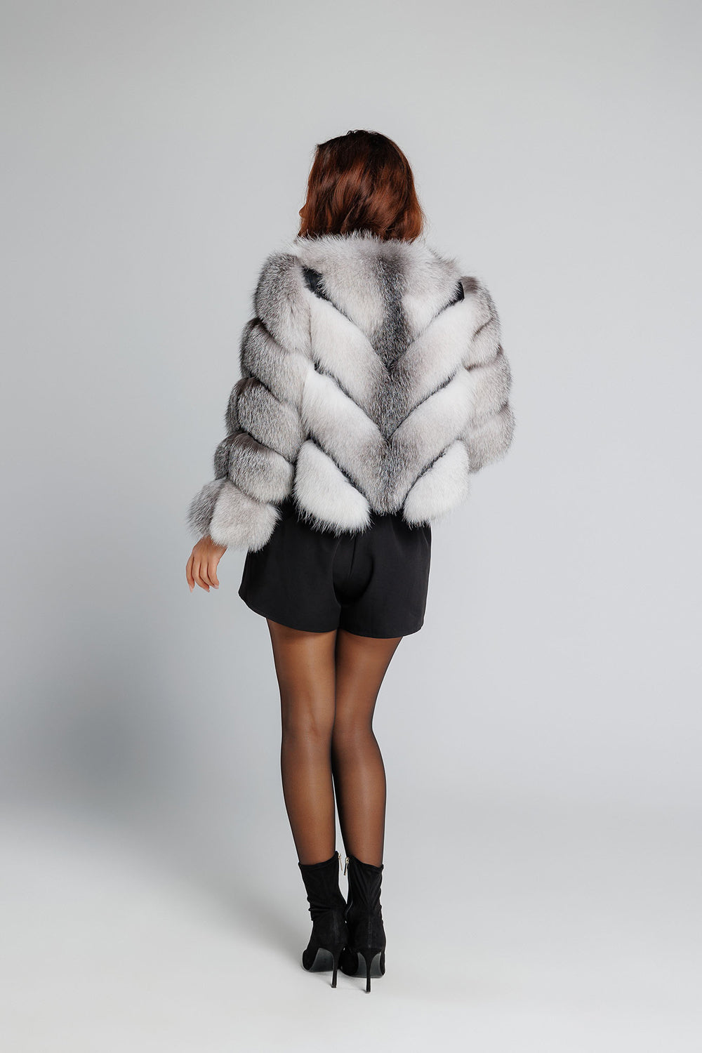 Haină din Blană Naturală de Vulpe Argintie, V Model, Transformabilă, Femei, Arctic White 348