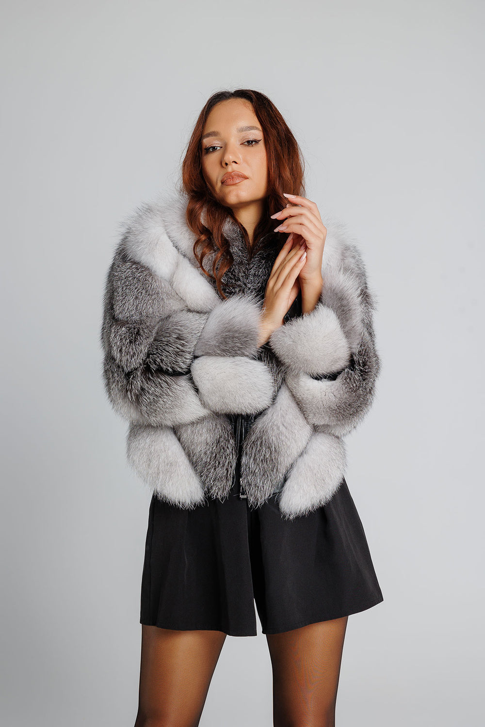 Haină din Blană Naturală de Vulpe Argintie, V Model, Transformabilă, Femei, Arctic White 348