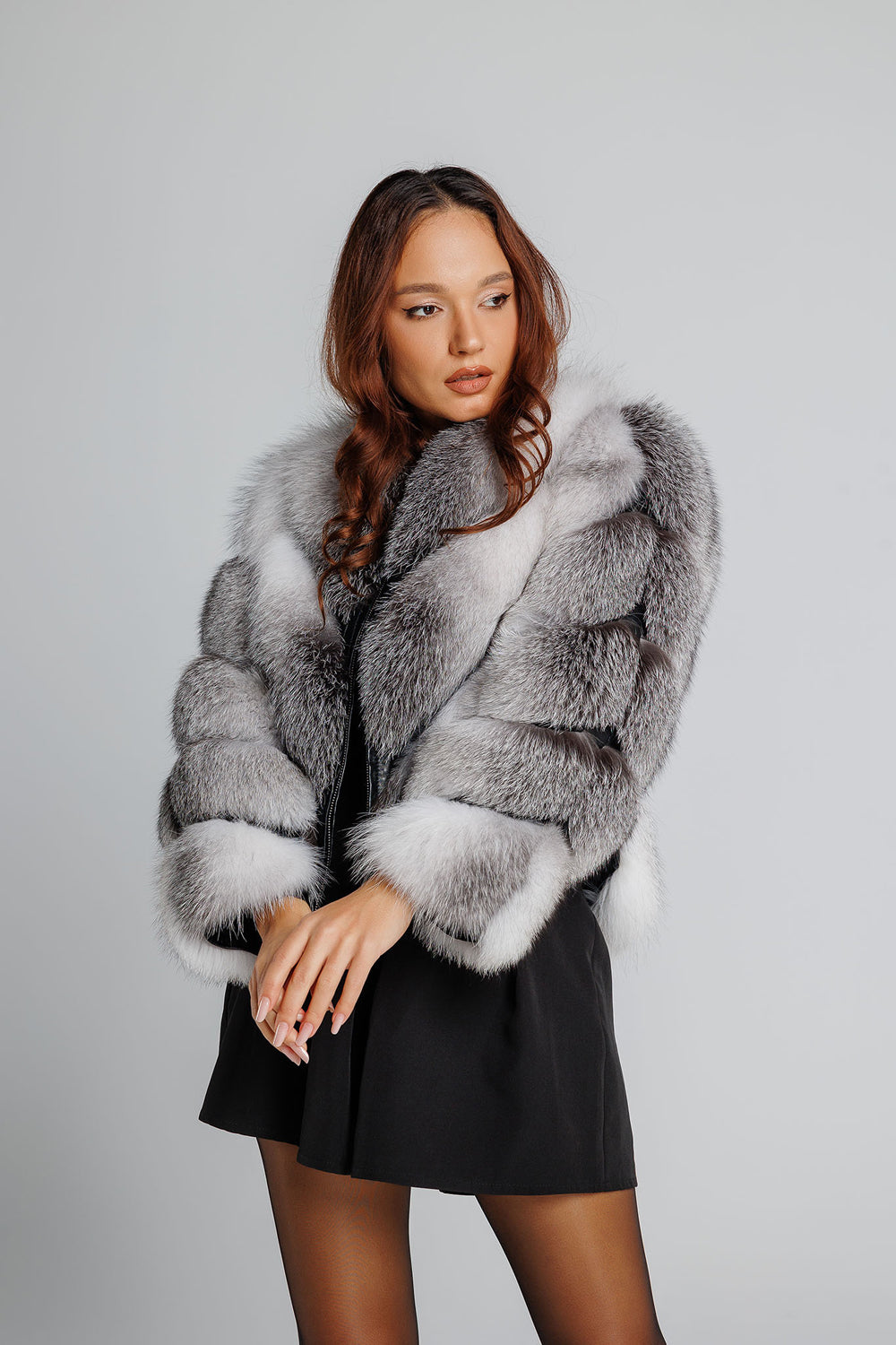 Haină din Blană Naturală de Vulpe Argintie, V Model, Transformabilă, Femei, Arctic White 348