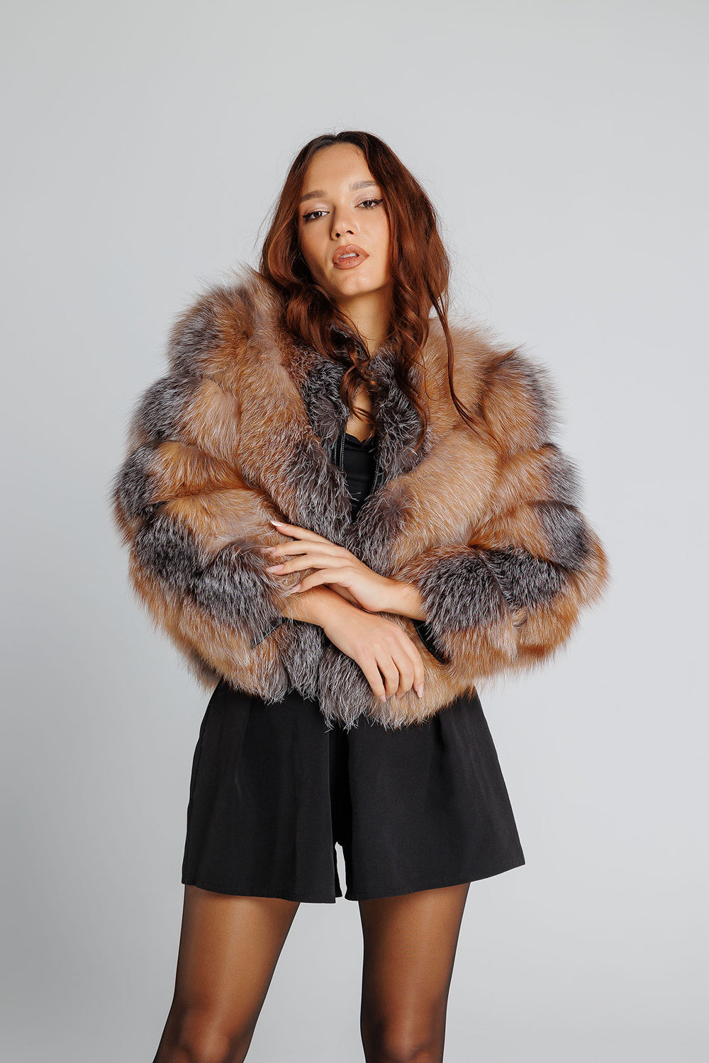 Natural Silver Fox Fur Coat, V Model, Convertible, Women, Brown Frost 350