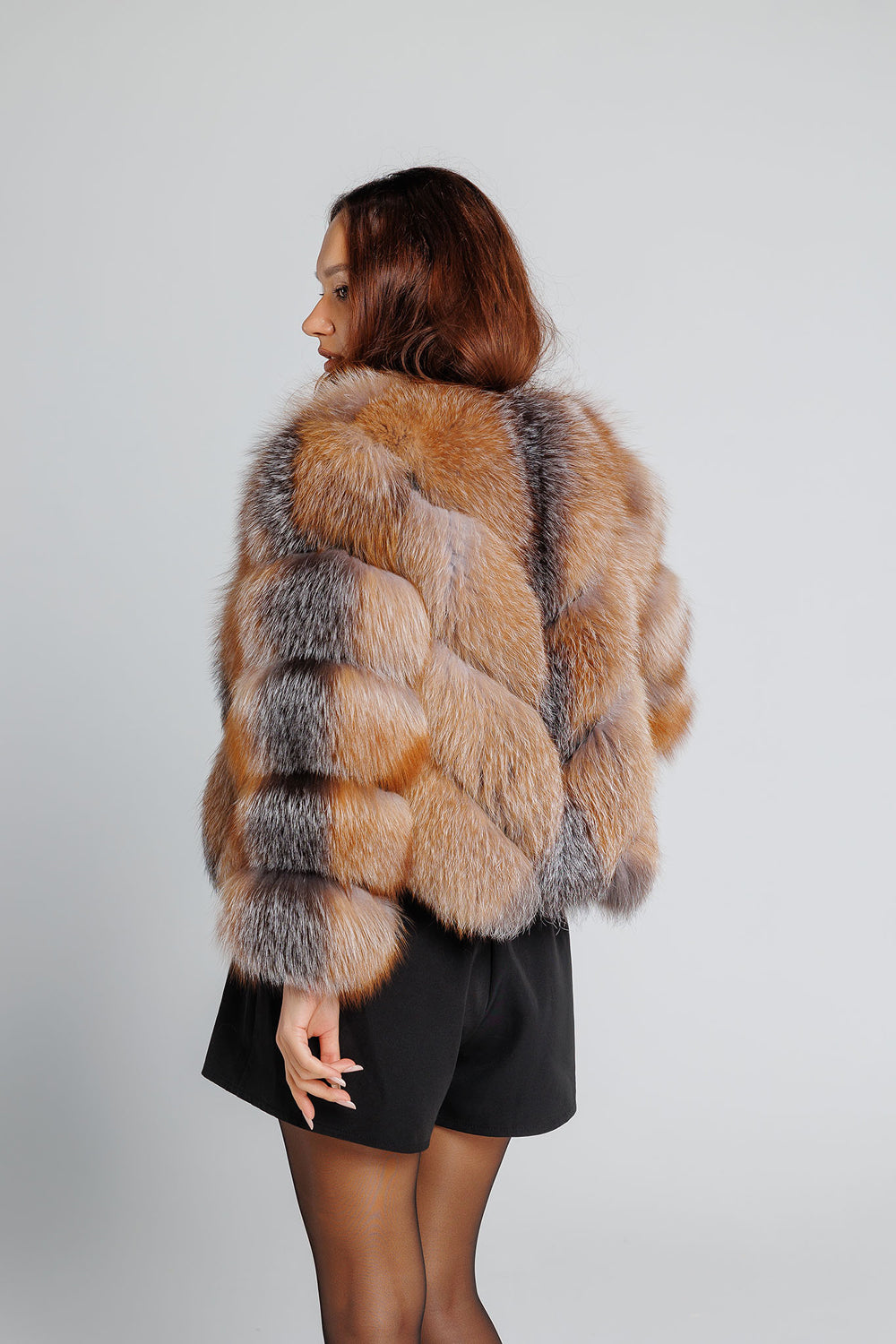 Natural Silver Fox Fur Coat, V Model, Convertible, Women, Brown Frost 350