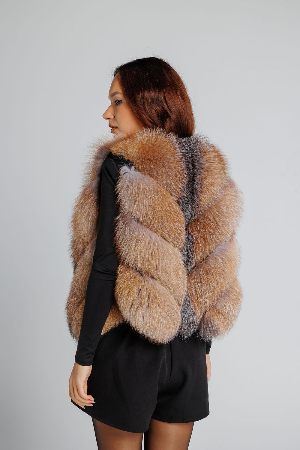 Natural Silver Fox Fur Coat, V Model, Convertible, Women, Brown Frost 350