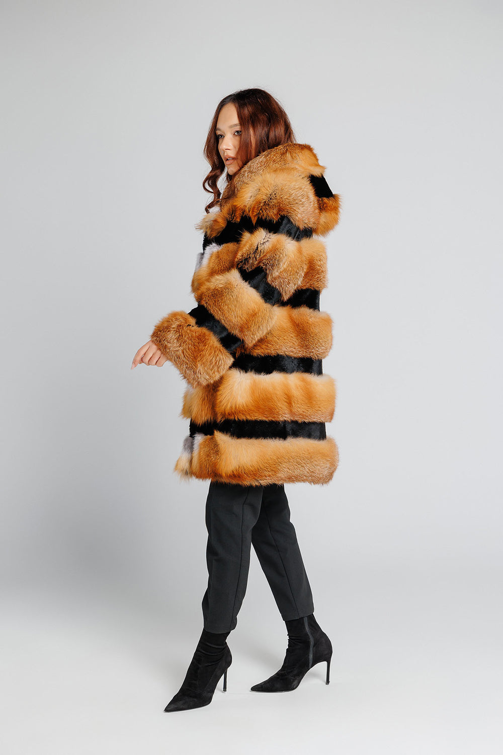 Women's Natural Canadian Fox Fur Coat with Hood, Brown Frost 354