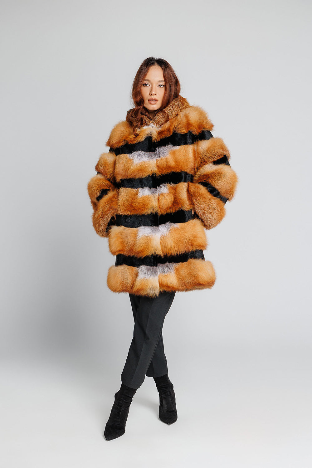 Women's Natural Canadian Fox Fur Coat with Hood, Brown Frost 354