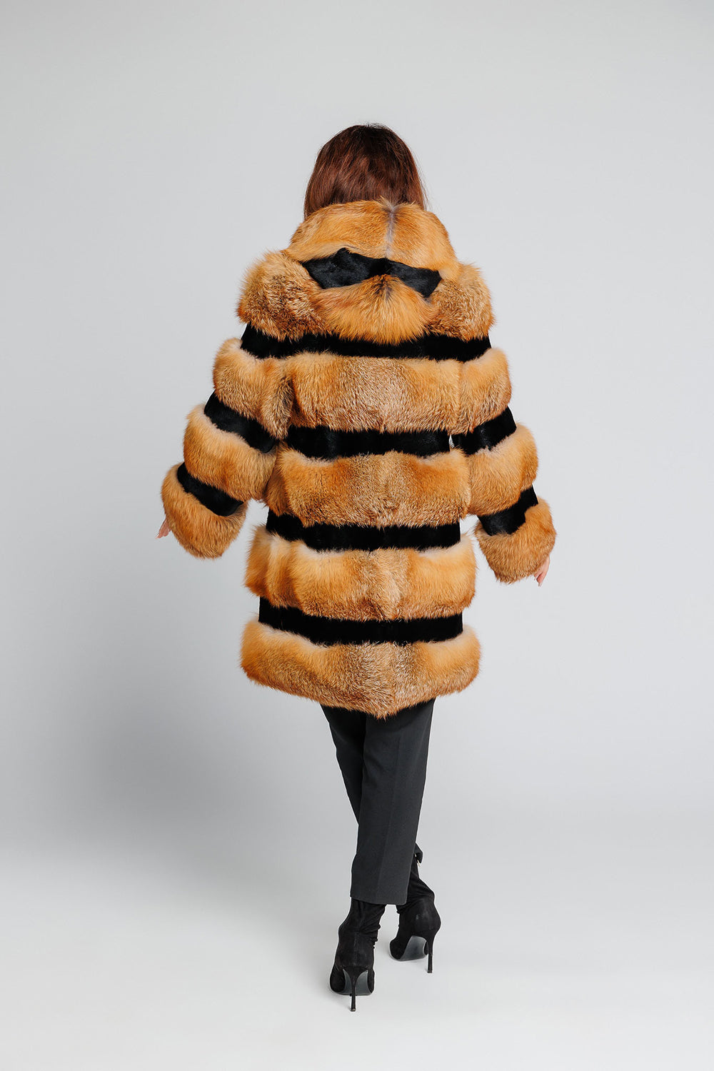 Women's Natural Canadian Fox Fur Coat with Hood, Brown Frost 354