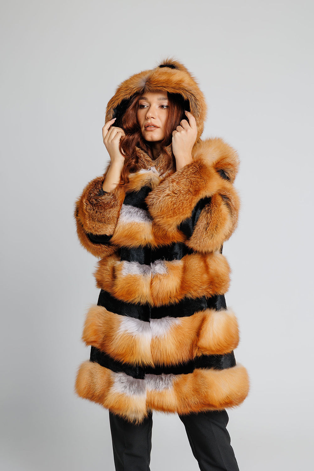 Women's Natural Canadian Fox Fur Coat with Hood, Brown Frost 354