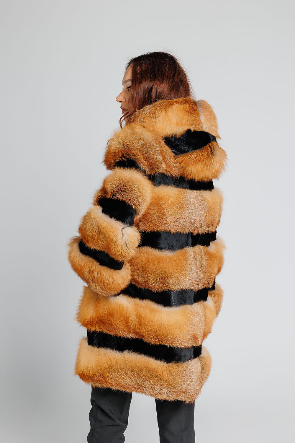 Women's Natural Canadian Fox Fur Coat with Hood, Brown Frost 354