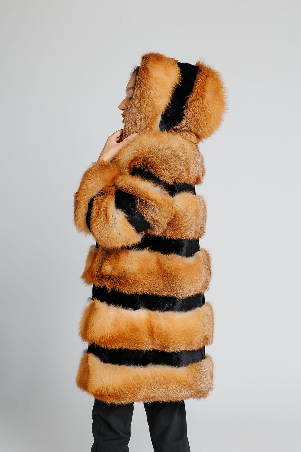 Women's Natural Canadian Fox Fur Coat with Hood, Brown Frost 354