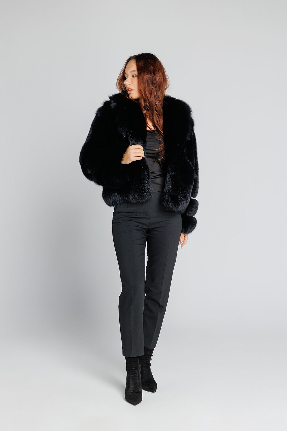 Women's Natural Fox Fur Coat with Lapel Collar, Diamond 345