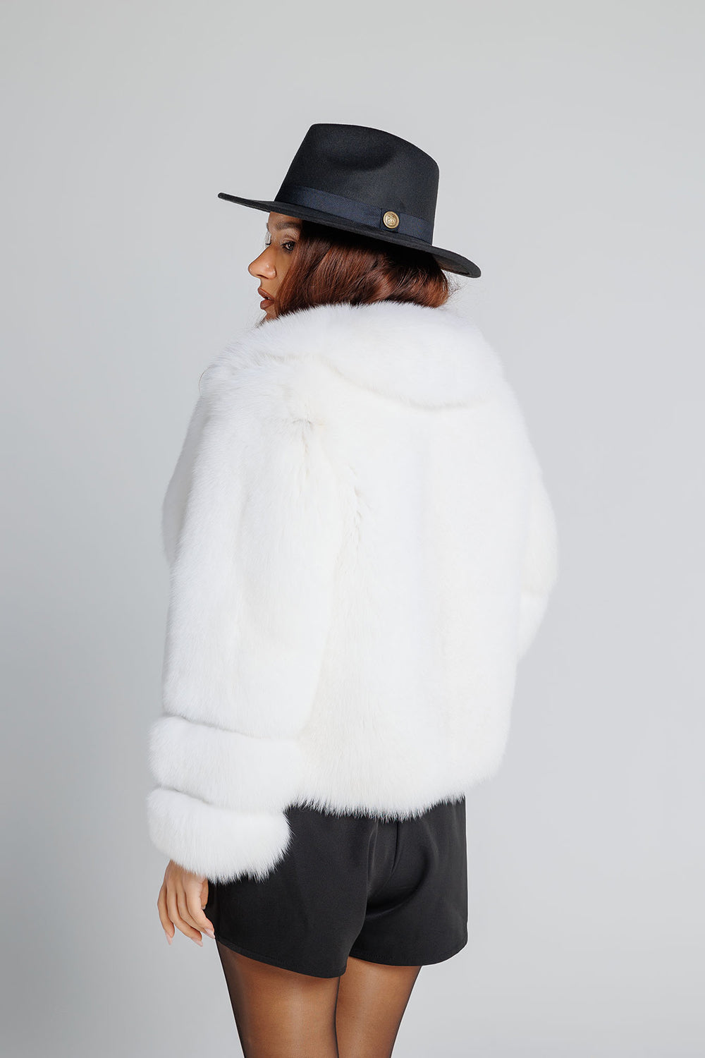 Women's Natural Fox Fur Coat with Lapel Collar, Pure White 346