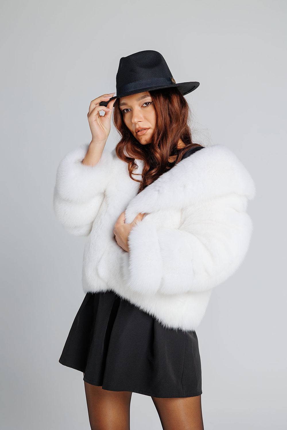 Women's Natural Fox Fur Coat with Lapel Collar, Pure White 346