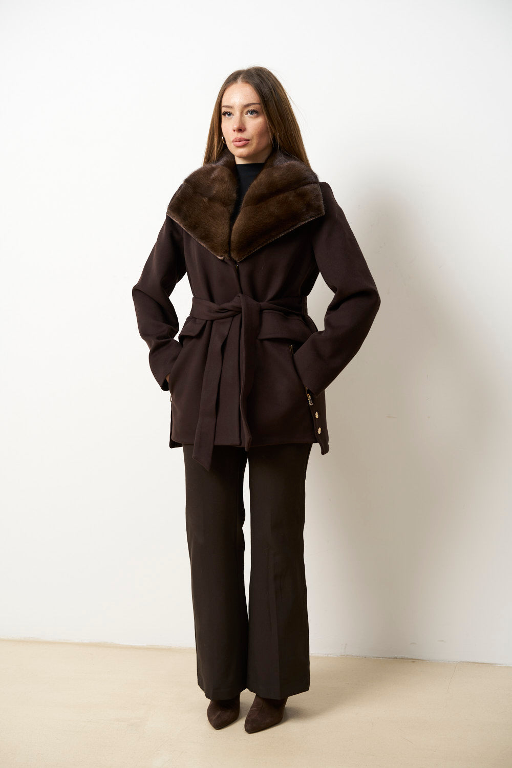 Palton din Cașmir cu Guler Detașabil din Blană Vizon, Maro, Mareus