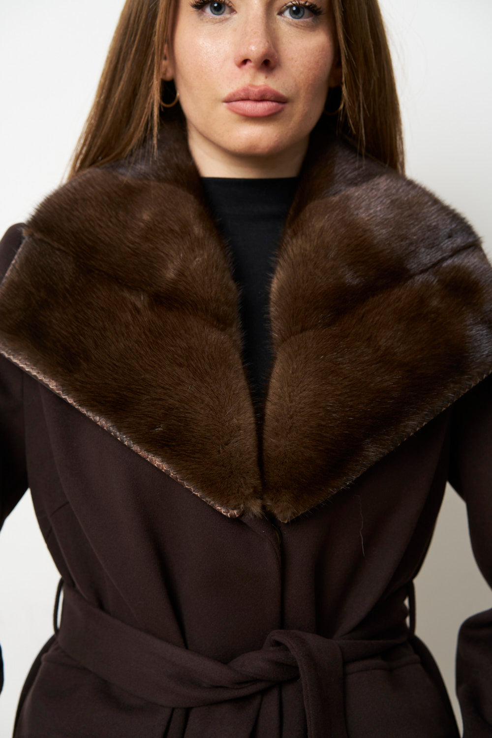 Palton din Cașmir cu Guler Detașabil din Blană Vizon, Maro, Mareus