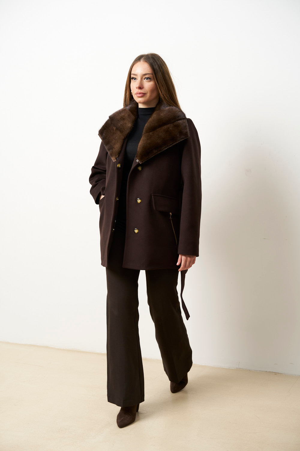 Palton din Cașmir cu Guler Detașabil din Blană Vizon, Maro, Mareus