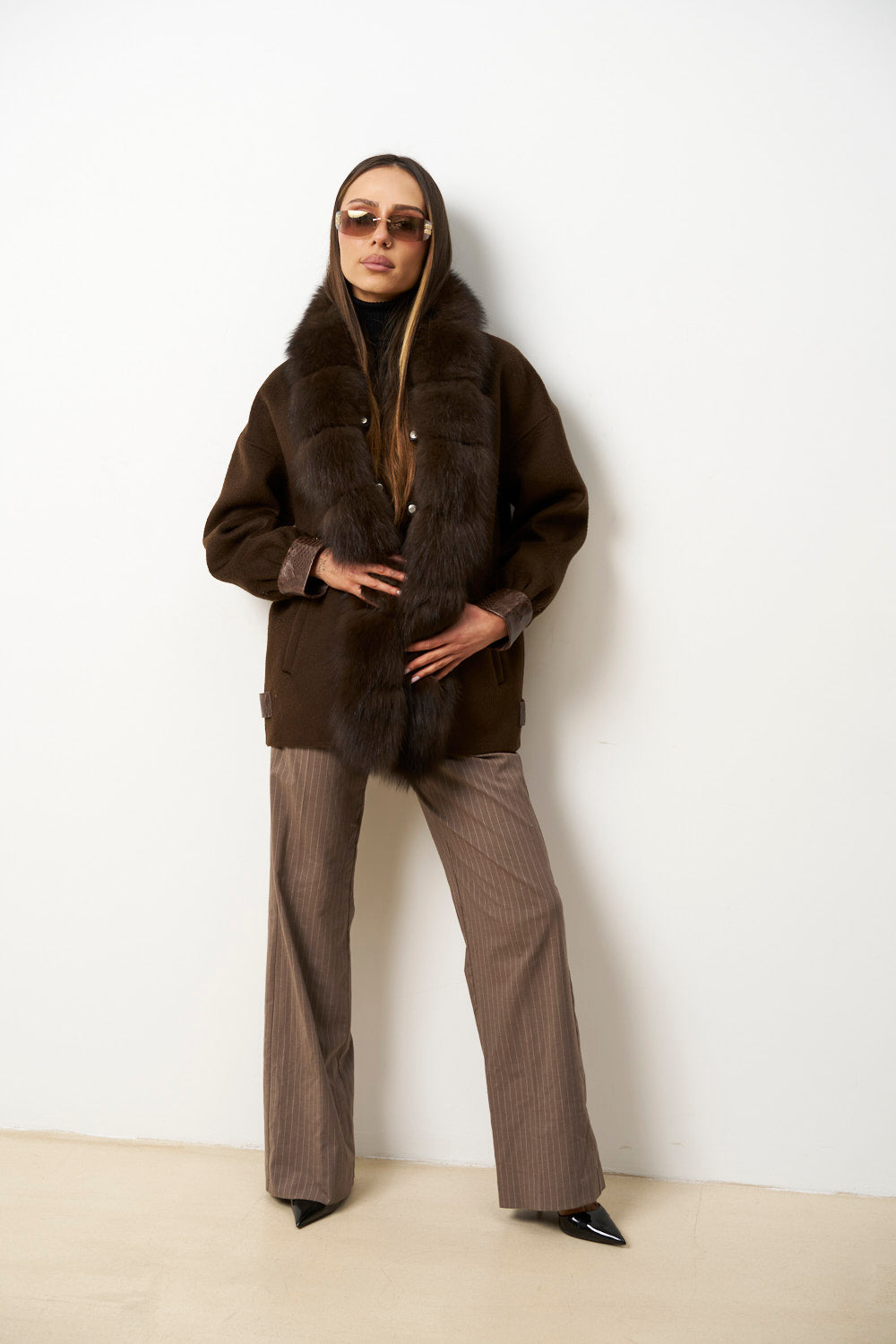 Palton din Lână cu Guler din Blană Vulpe pentru Femei, Maro, Mareus