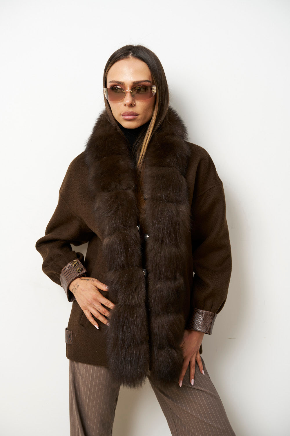Palton din Lână cu Guler din Blană Vulpe pentru Femei, Maro, Mareus