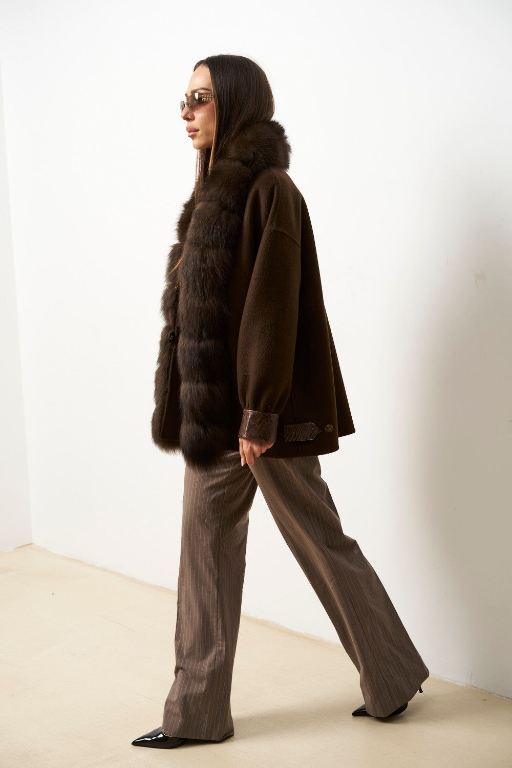 Palton din Lână cu Guler din Blană Vulpe pentru Femei, Maro, Mareus