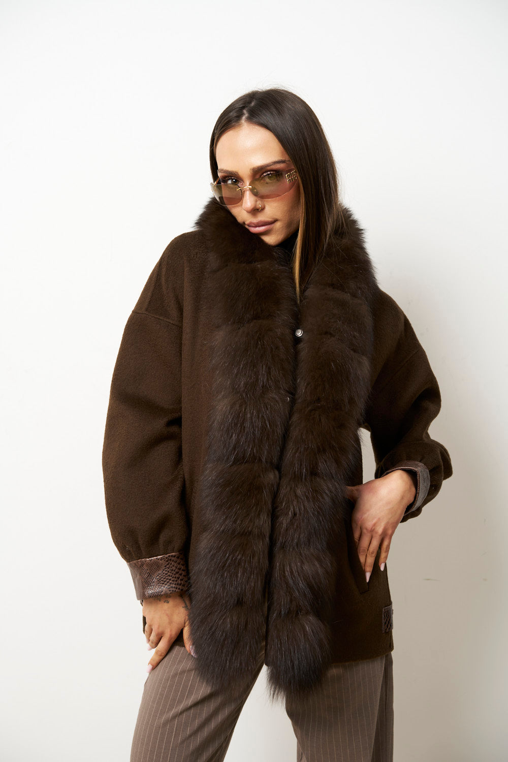 Palton din Lână cu Guler din Blană Vulpe pentru Femei, Maro, Mareus