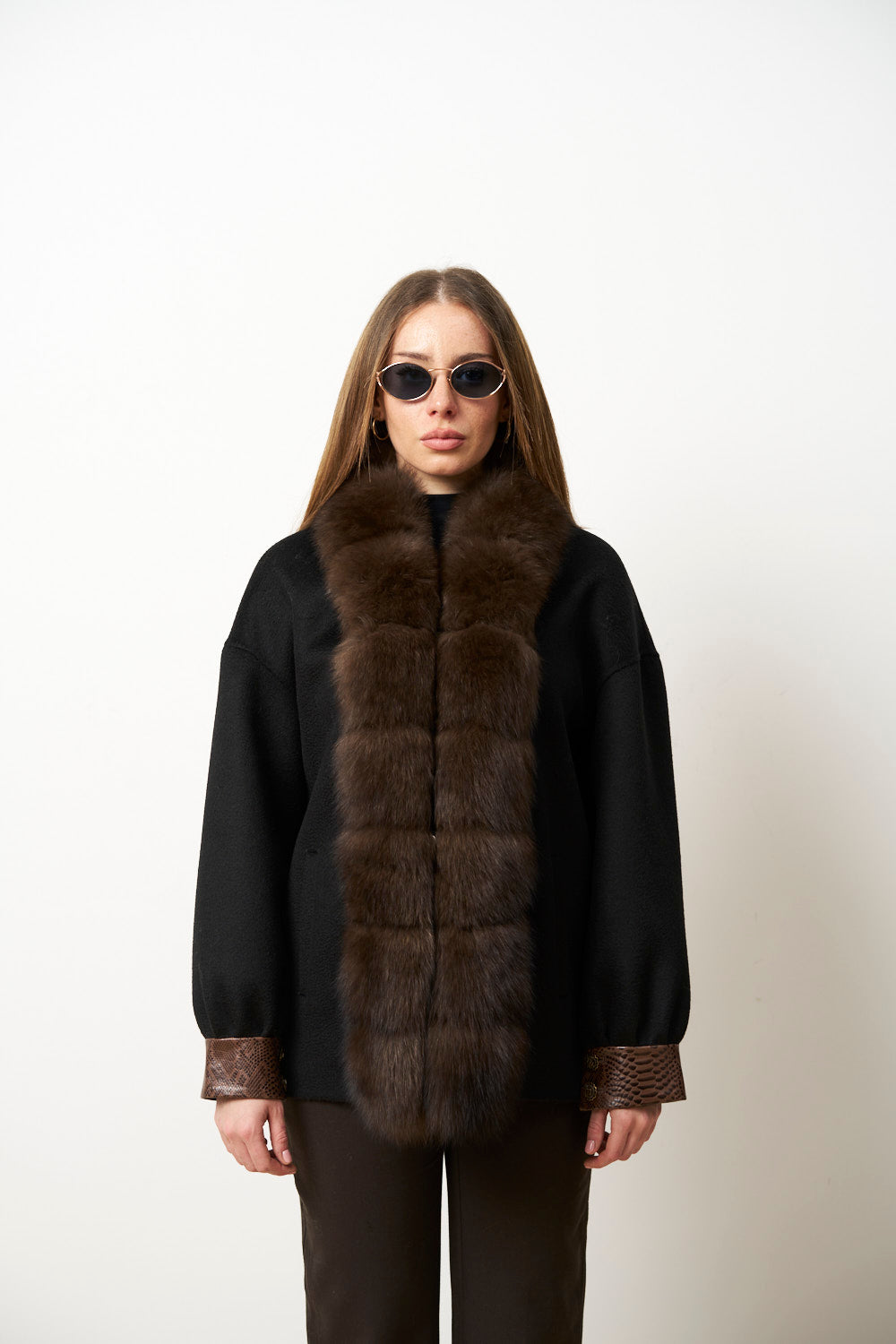 Palton din Lână cu Guler din Blană Vulpe pentru Femei, Jet Black 639