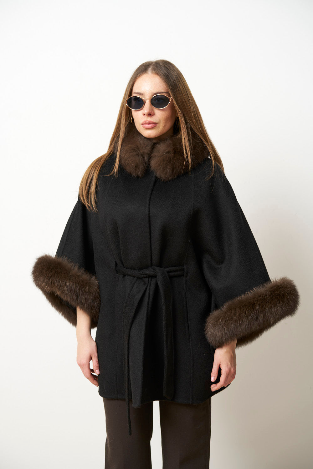 Palton din Lână cu Guler și Manșete din Blană Vulpe, Negru, Mareus