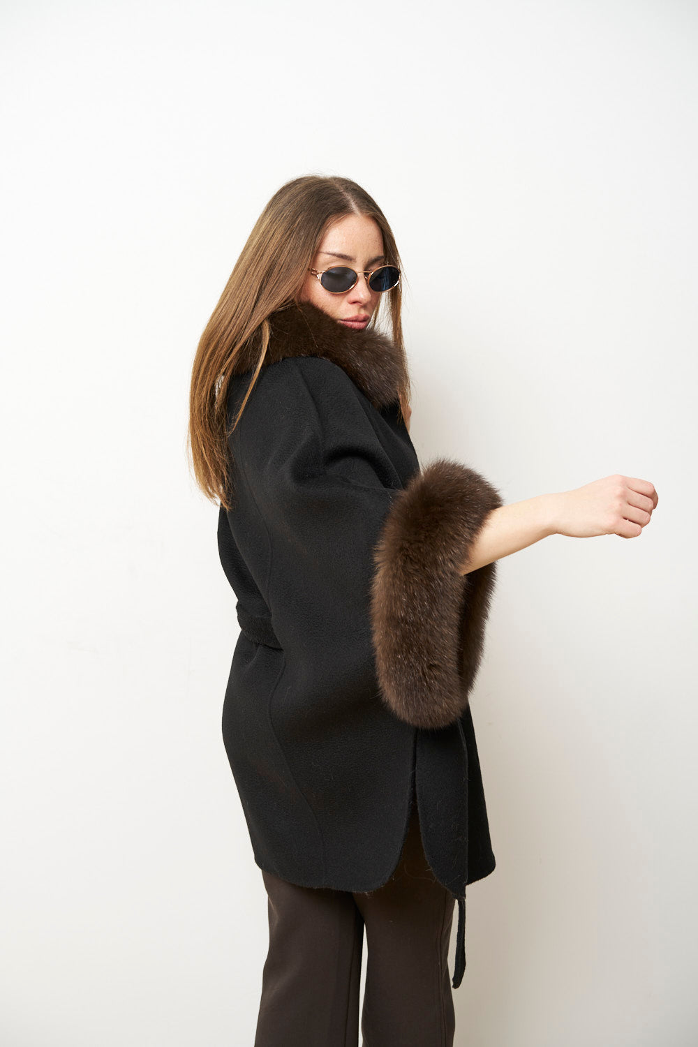 Palton din Lână cu Guler și Manșete din Blană Vulpe, Negru, Mareus