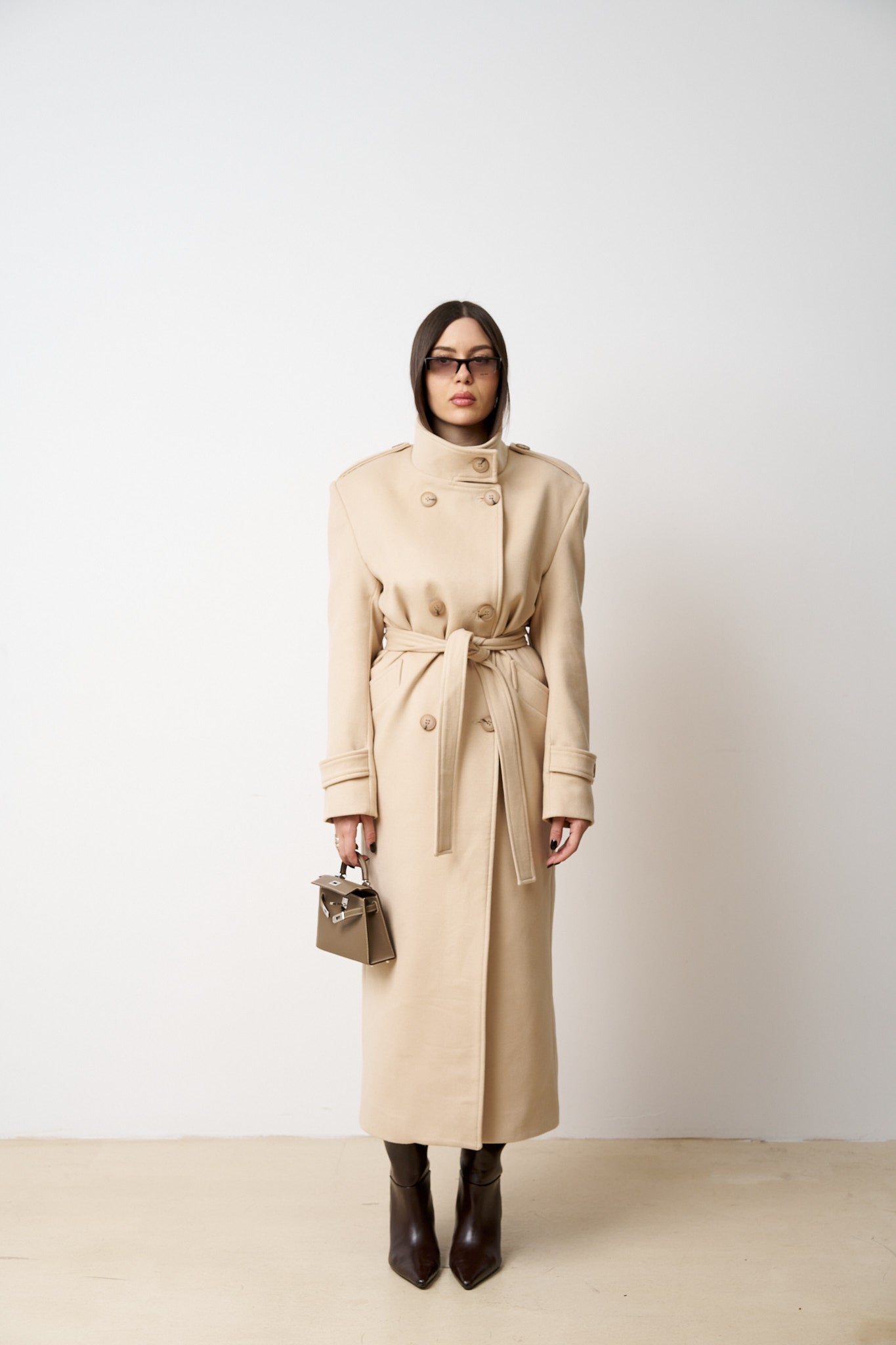 Palton Lung din Lână, cu Cordon, Femei, Sand Beige 523