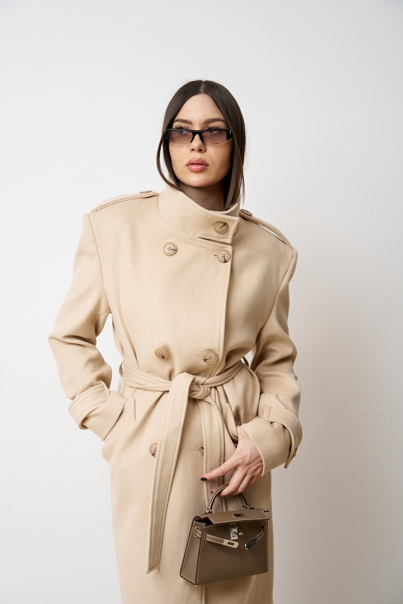 Palton Lung din Lână, cu Cordon, Femei, Sand Beige 523