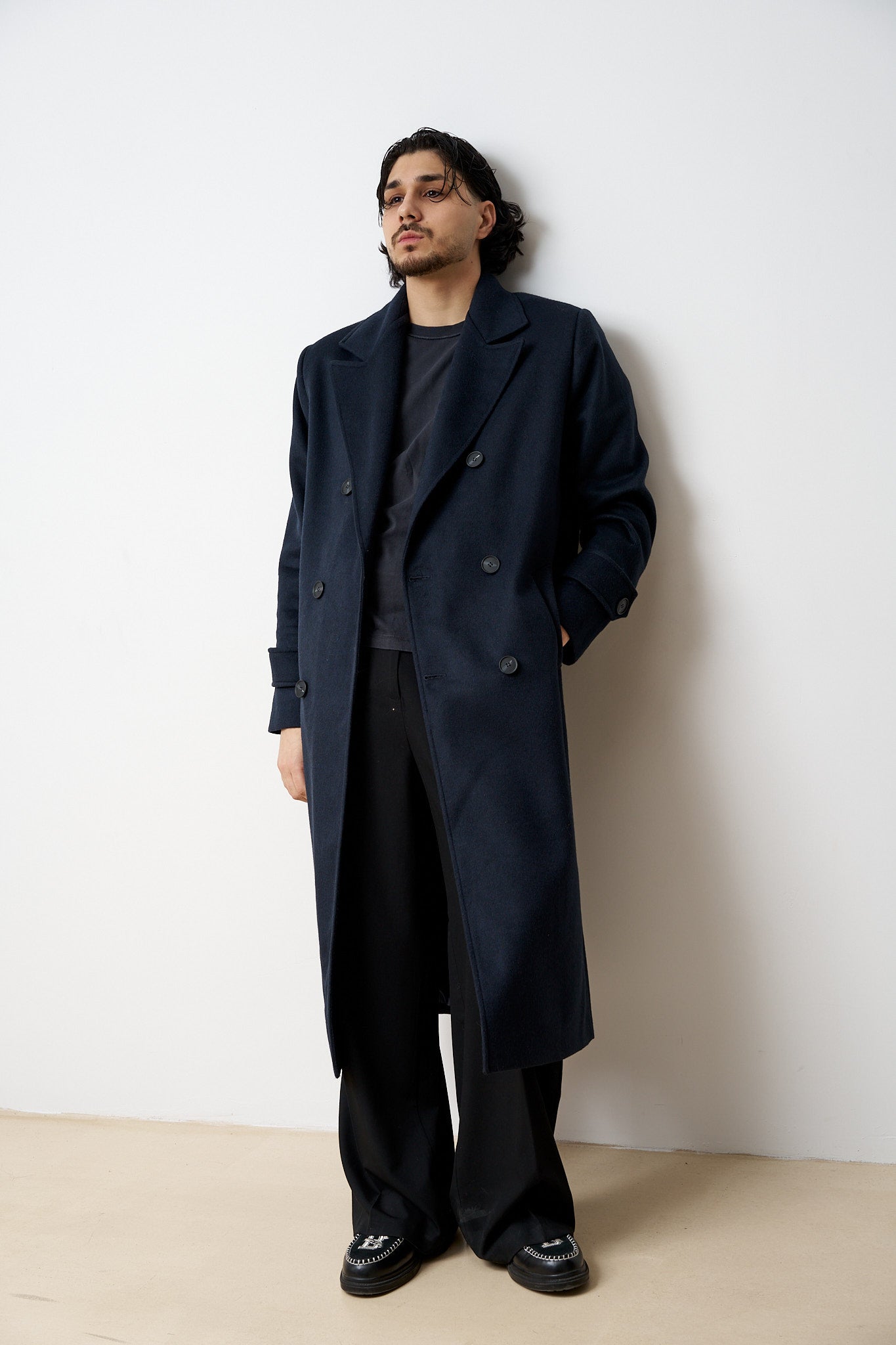 Palton Lung din Lână, Guler Rever, Bărbați, Bleumarin, Mareus