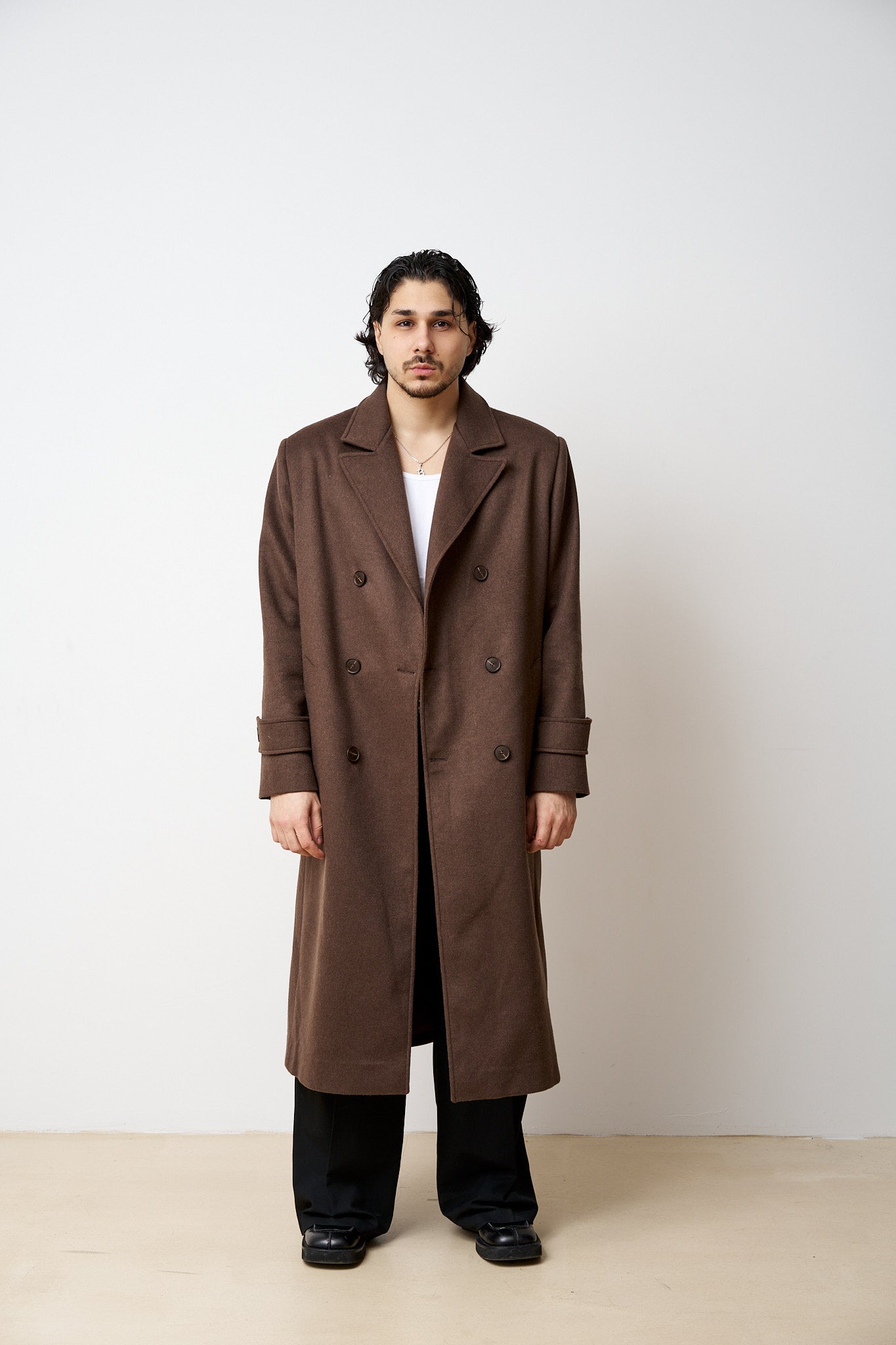 Palton Lung din Lână, Guler Rever, Bărbați, Maro, Mareus