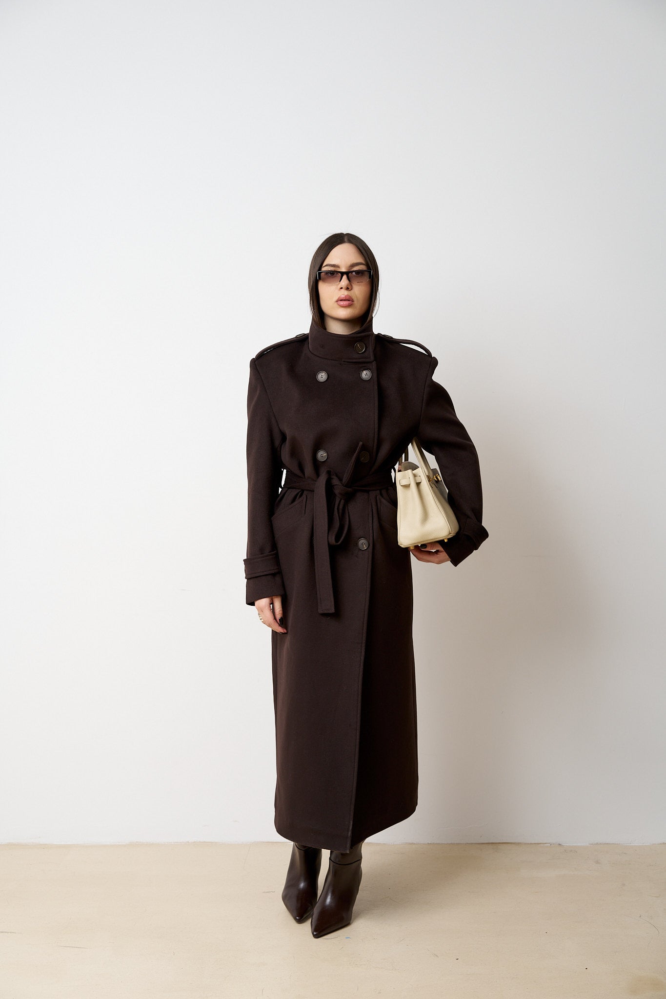 Palton Lung din Lână, cu Cordon, Femei, Maro Chocolate 524