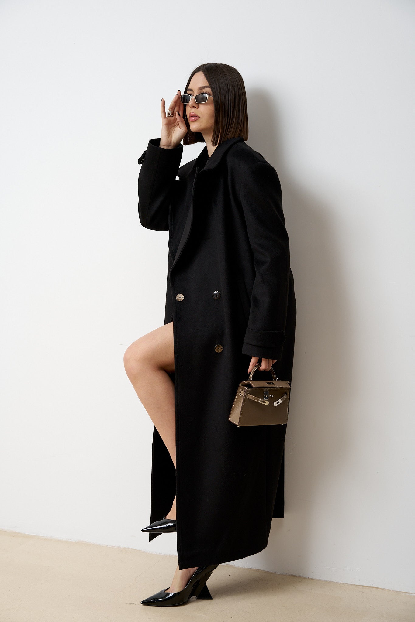 Palton Lung din Lână, cu Cordon, Femei, Mate Black 522