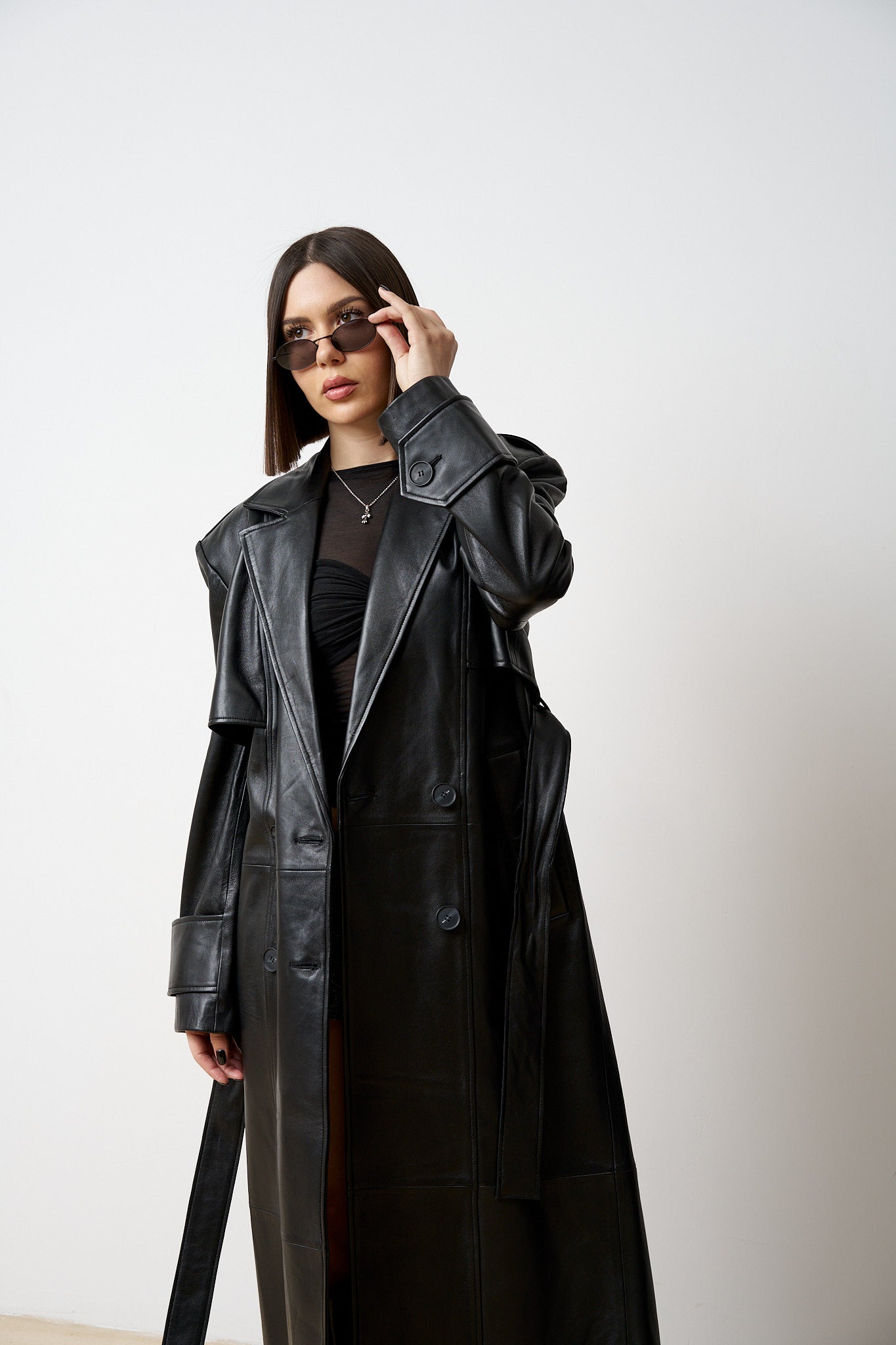 Palton Lung din Piele Naturală, cu Cordon, Femei, Negru Mat, Mareus