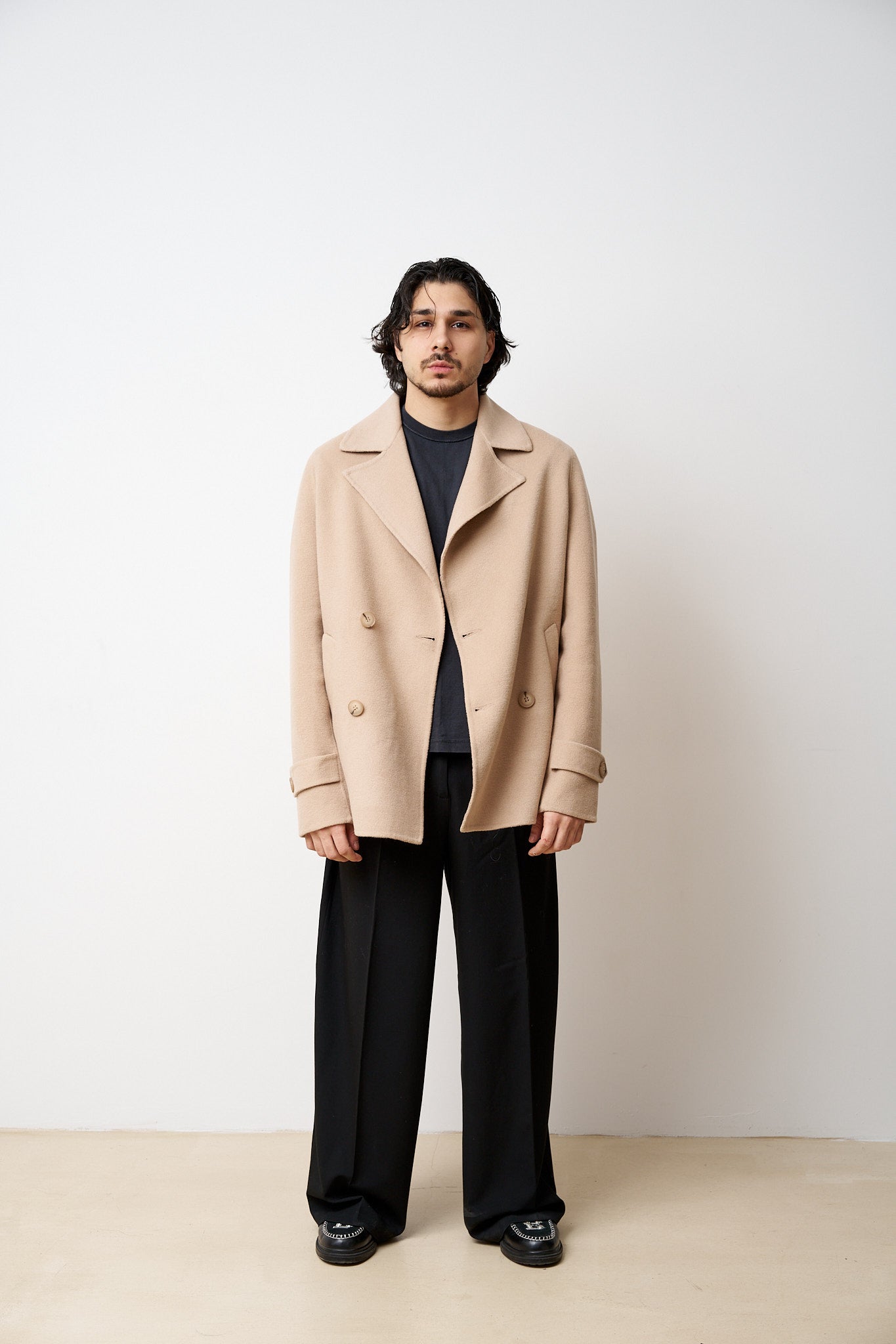 Palton Scurt din Lână, Guler Rever, Bărbați, Bej, Mareus