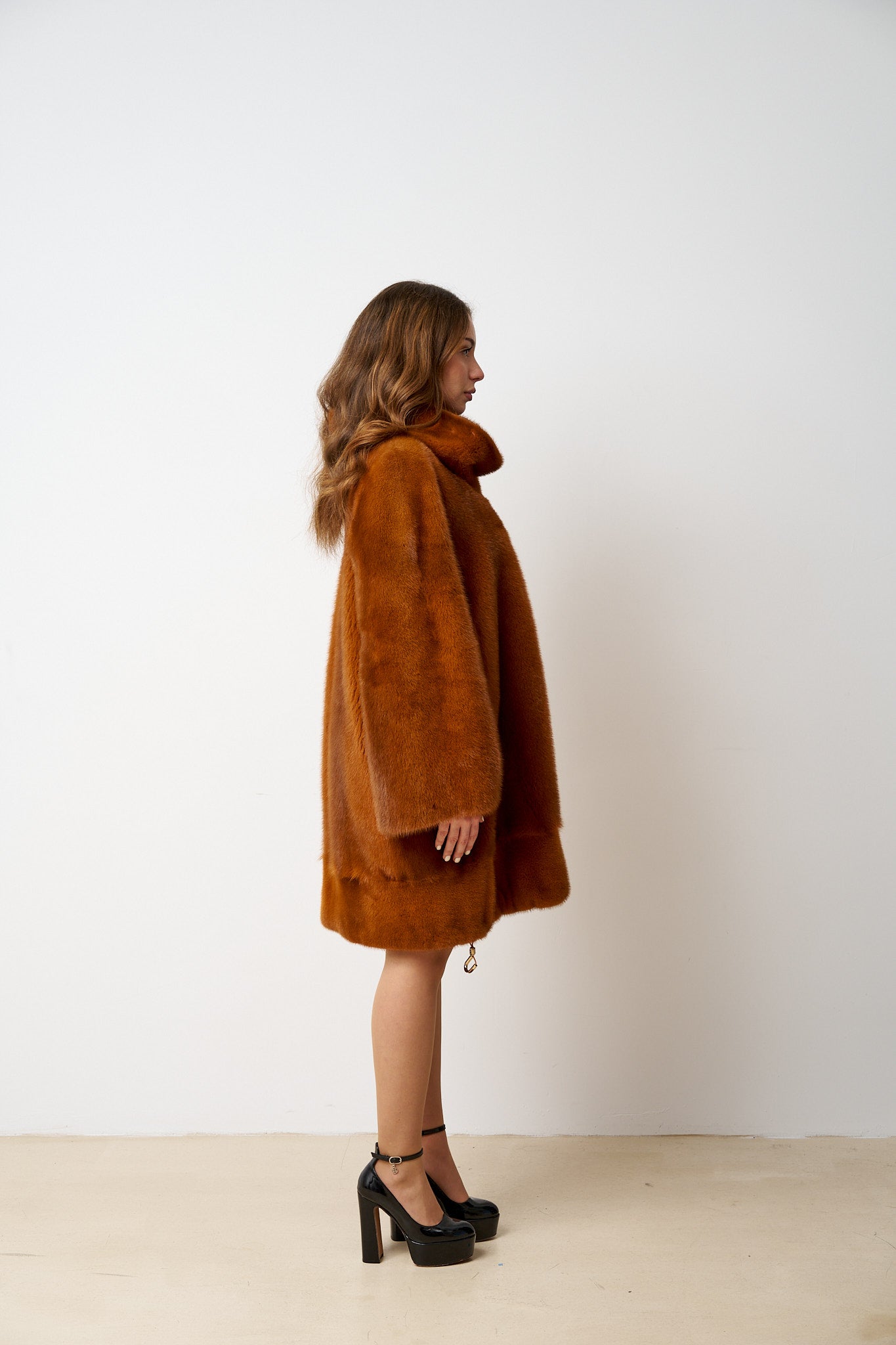 Haină din Blană Naturală de Vizon, Oversized, Amber Cognac 545