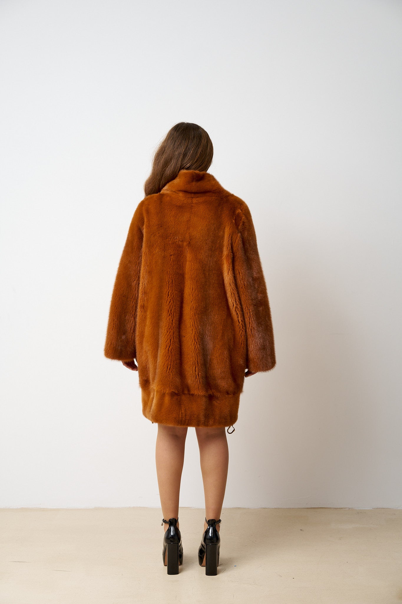 Haină din Blană Naturală de Vizon, Oversized, Amber Cognac 545