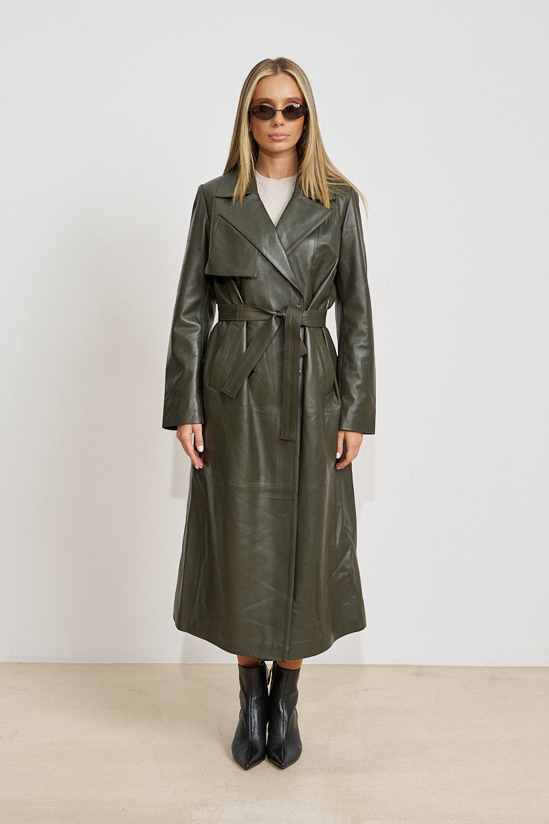 Trench Lung din Piele Naturală, cu Cordon, Olive 668