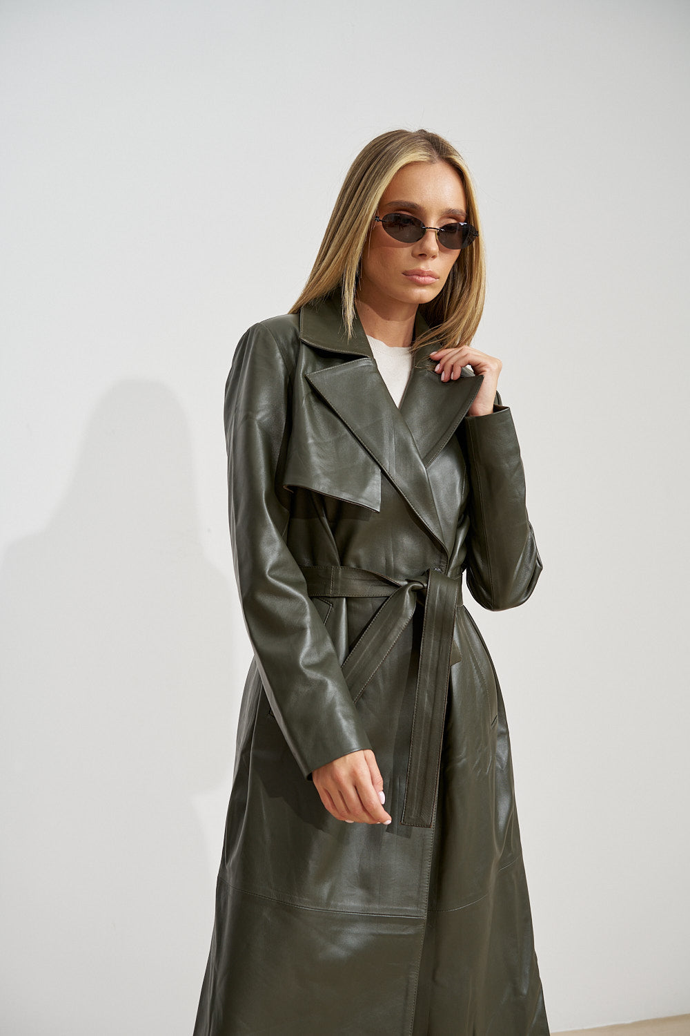 Trench Lung din Piele Naturală, cu Cordon, Olive 668
